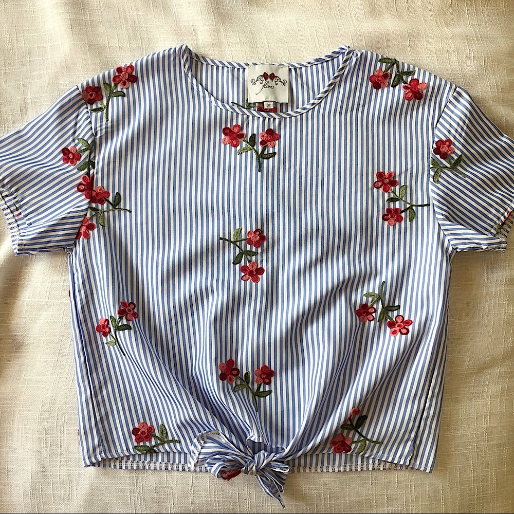 Embroidered and Striped Top